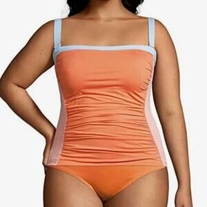 Lands' End Colorblock Tankini Swimsuit Set Removable Straps‎ Orange Blue Size 6